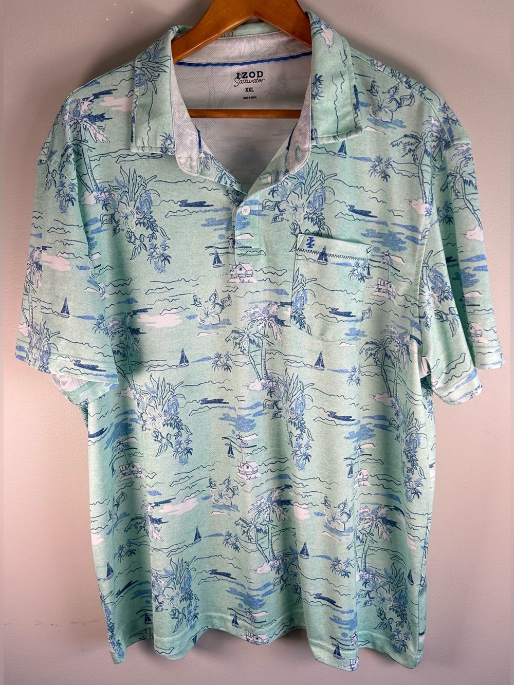 Izod Saltwater Men’s Polo Shirt Size XXL Blue Beach Sailboat Palms Golf NWOT